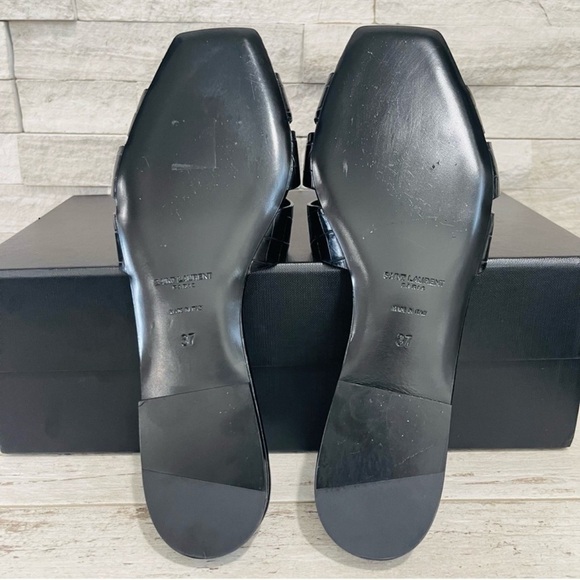 Saint Laurent Size 37 YSL Leather TRIBUTE Black Croc Embossed Flat Slide Sandals - Picture 10 of 13